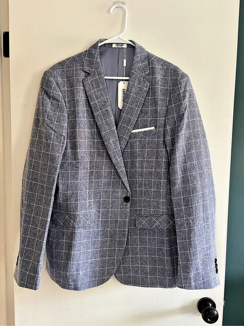 COOFANDY Men's Casual Windowpane Plaid Blazer Blue & White